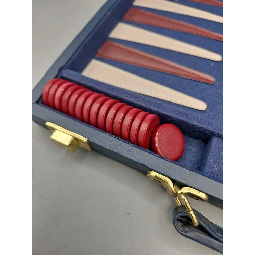 Vintage Style Backgammon Travel Set Blue Navy Case Dice Chips Folding Board